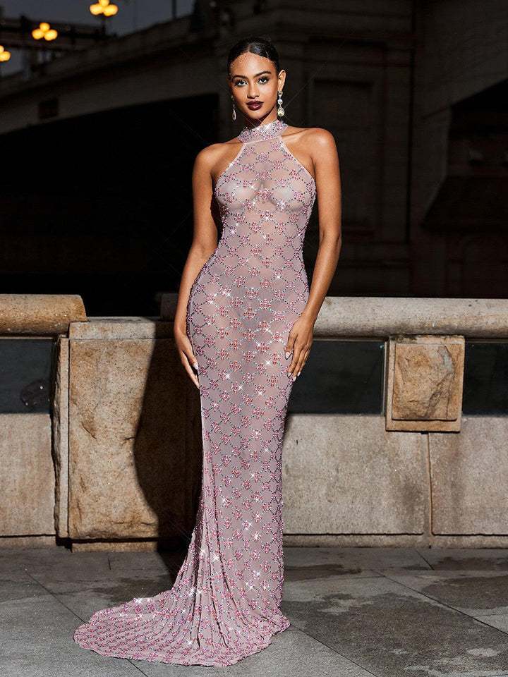 Zoie See Through Rhinestone Maxi Dress - Mew Mews