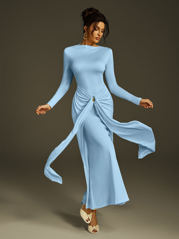 Zoltex Long Sleeve Draped Maxi Dress In Blue