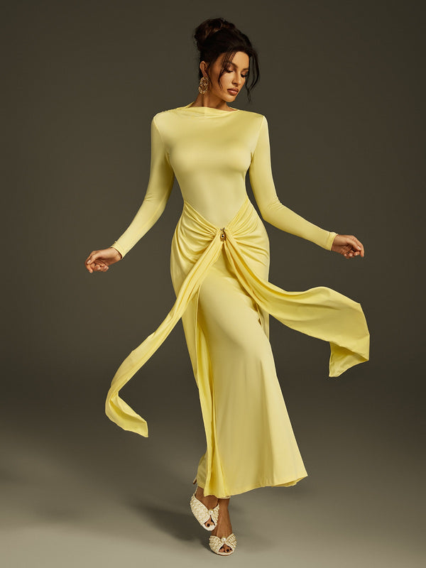Zoltex Long Sleeve Draped Maxi Dress In Butter Yellow