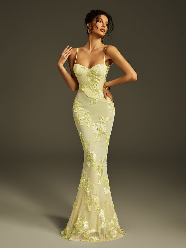 Zryne Spaghetti  Embroidered Flower Maxi Dress