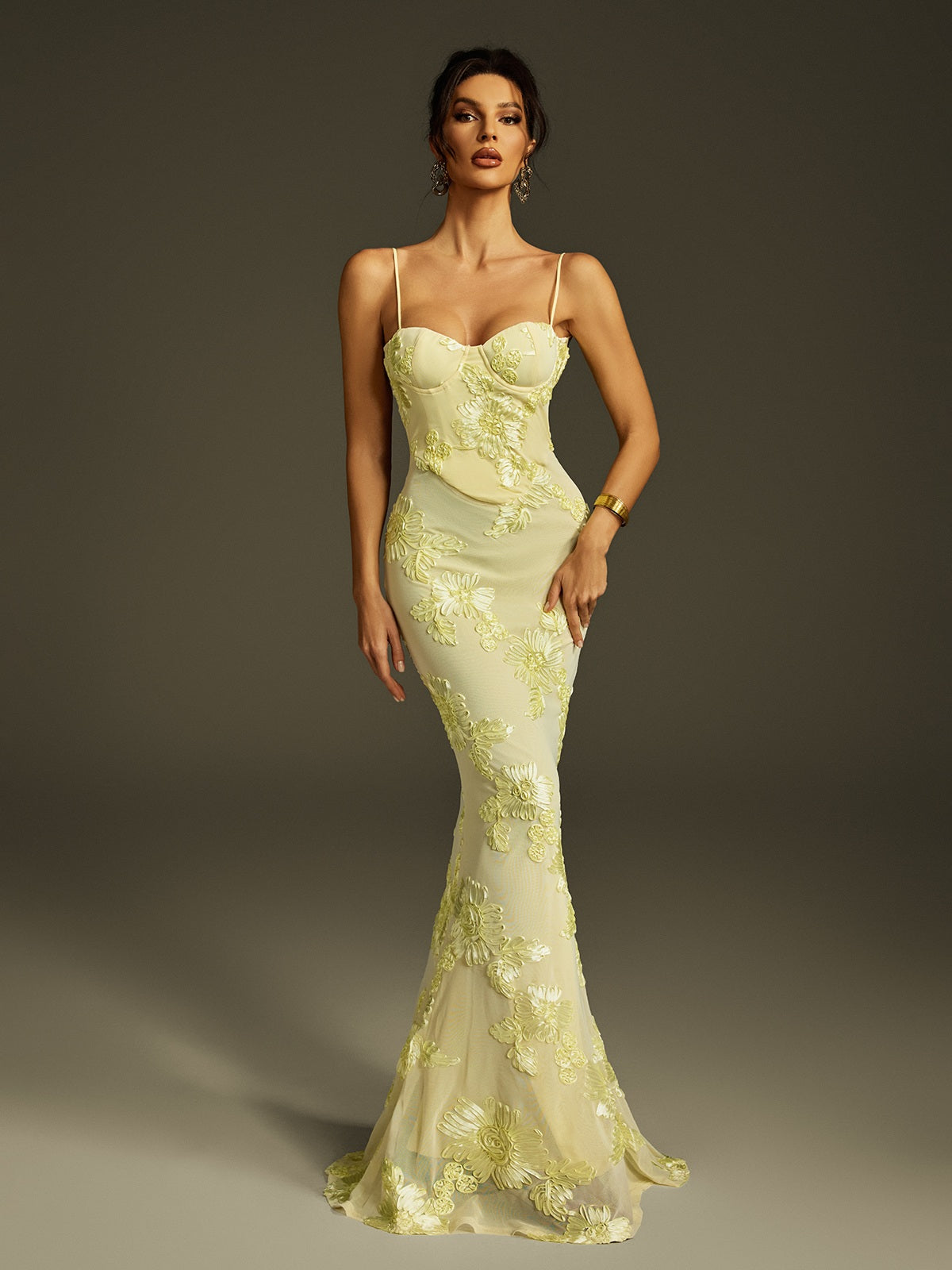 Zryne Spaghetti Embroidered Flower Maxi Dress In Yellow – Mew Mews