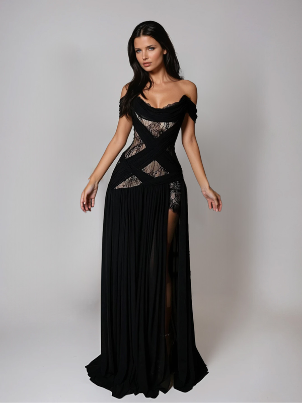 Alfhild Off Shoulder Lace Split Maxi Dress