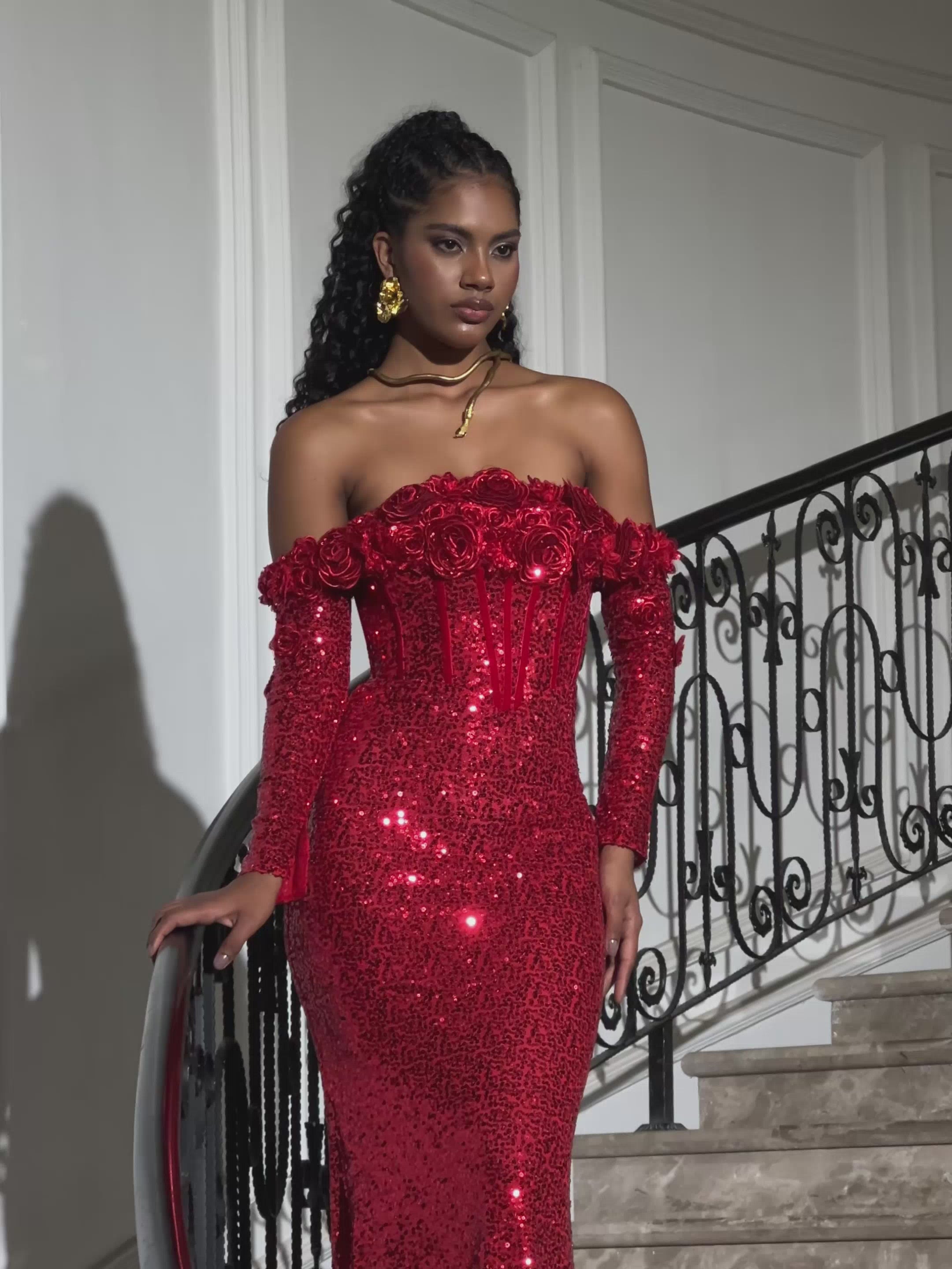 Catherynne Off Shoulder Flower Sequin Maxi Dress – Mew Mews