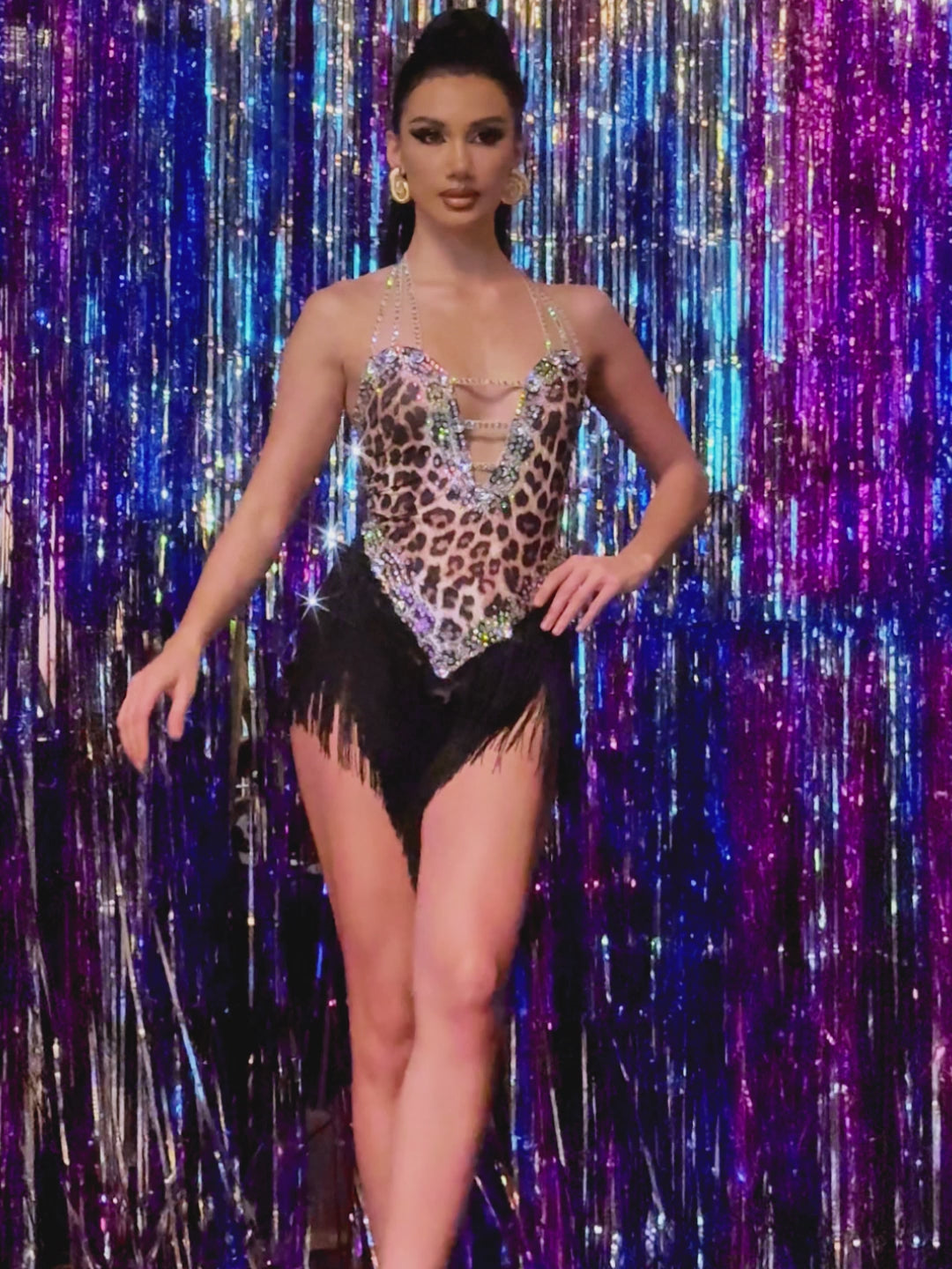 Gryxara Halterneck Rhinestone Leopard Fringe Bodysuit – Mew Mews