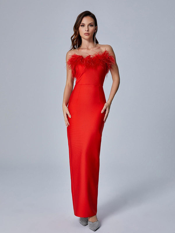 Mina Strapless Feather Trimmed Bandage Dress In Red - Mew Mews Fashion