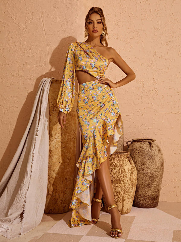 Aiyana One Shoulder Floral Maxi Dress In Yellow - Mew Mews Fashion