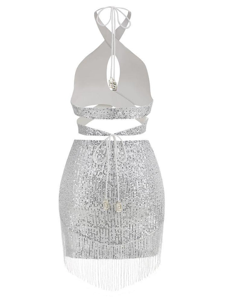 Altalune Halterneck Sequin Skirt Set In Silver - Mew Mews Fashion