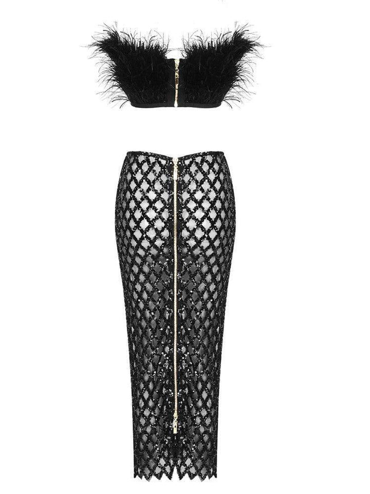 Ansley Strapless Feather Mesh Skirt Set In Black - Mew Mews Fashion