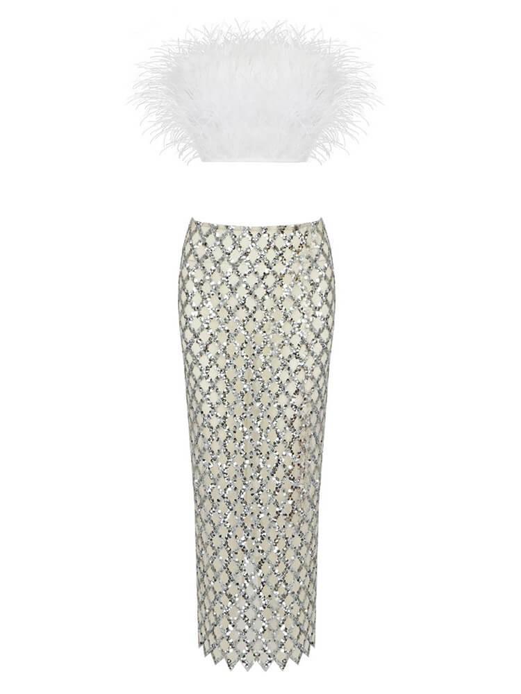 Ansley Strapless Feather Mesh Skirt Set In White - Mew Mews Fashion