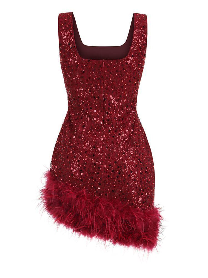 Araluen Sequin Feather Mini Dress In Wine - Mew Mews Fashion