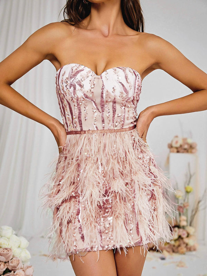 Ashlyn Strapless Feather Sequin Mini Dress - Mew Mews Fashion
