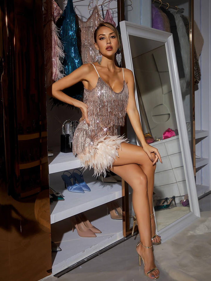 Austyn Tassel Feather Mini Dress In Champagne - Mew Mews Fashion