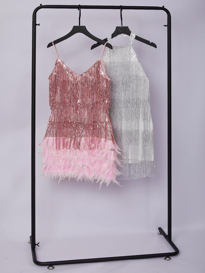 Austyn Tassel Feather Mini Dress In Pink - Mew Mews Fashion