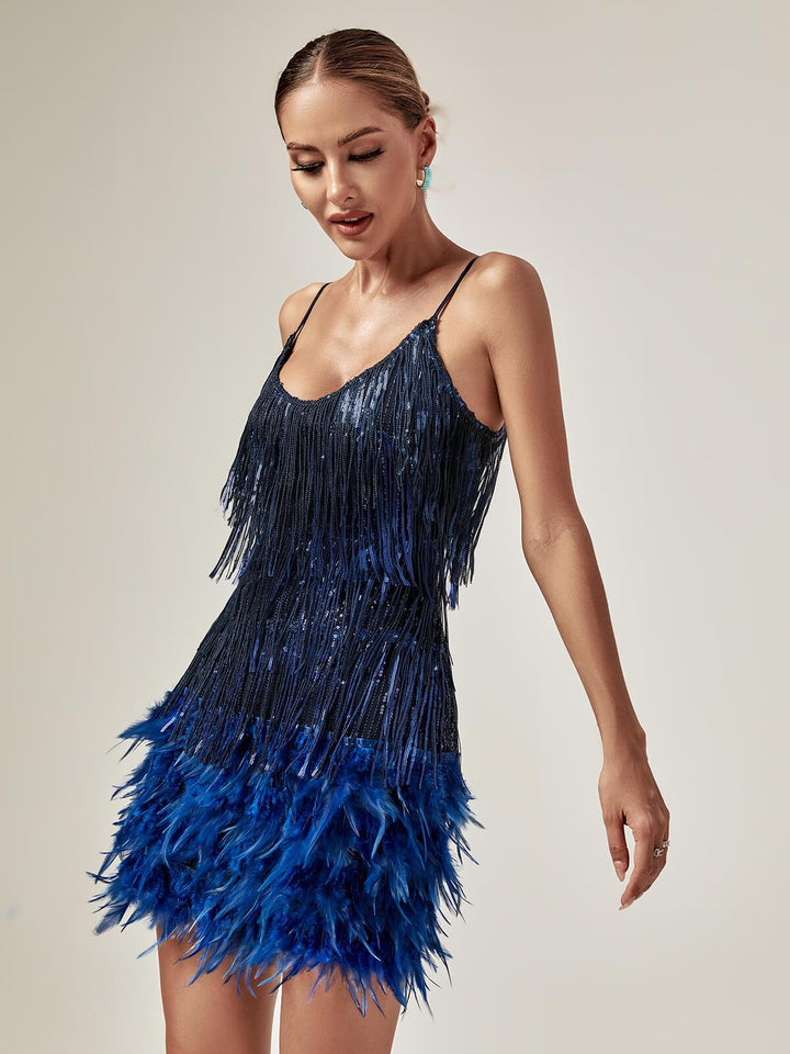 Austyn Tassel Feather Mini Dress In Royal Blue - Mew Mews Fashion
