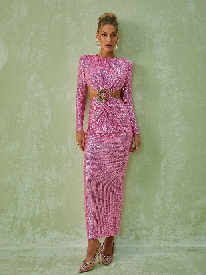 Aviva Long Sleeve Cutout Sequin Maxi Dress In Pink - Mew Mews Fashion