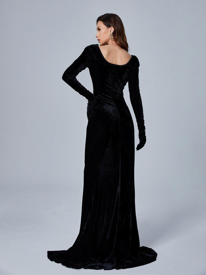 Bernice Long Sleeve Gloves Velvet Maxi Dress In Black - Mew Mews Fashion