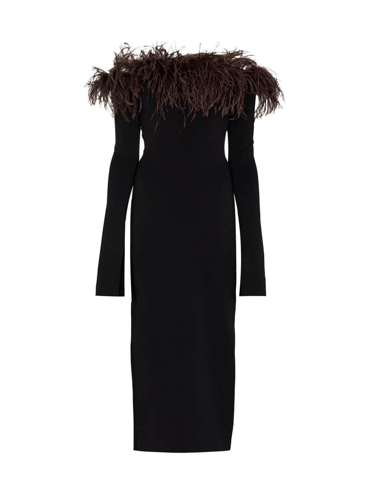 Blanche Off Shoulder Feather Trimmed Midi Dress In Black - Mew Mews Fashion