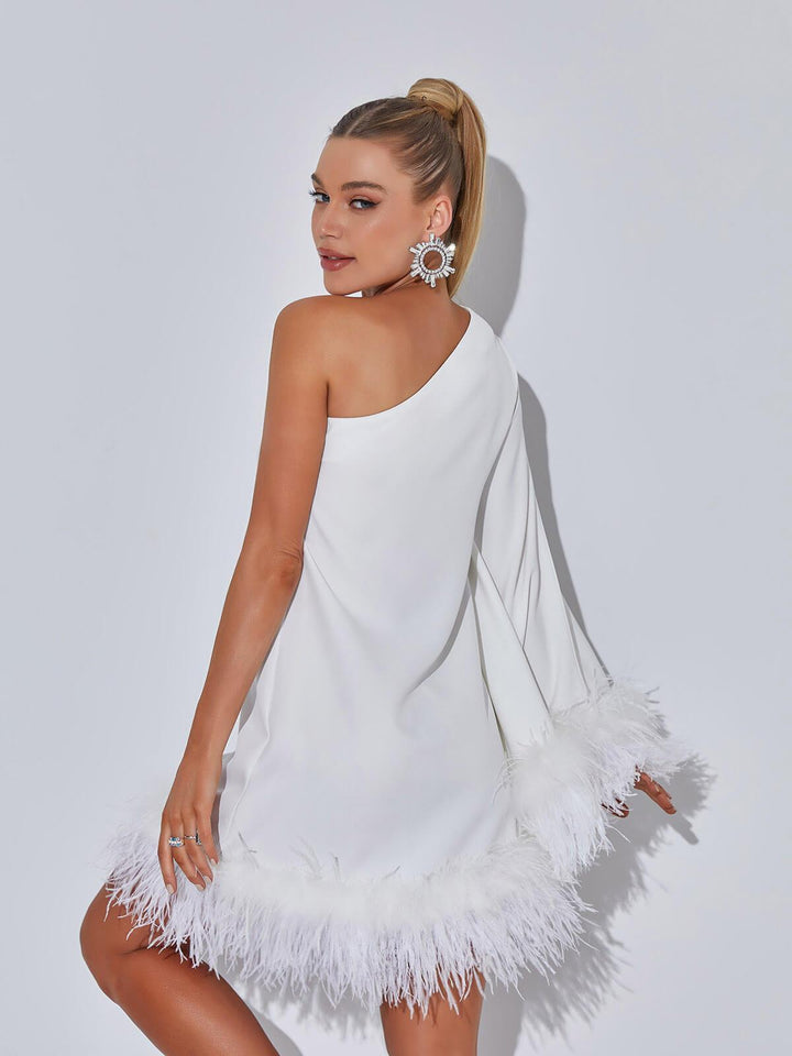 Ceridwen One Shoulder Feather Mini Dress In White - Mew Mews Fashion