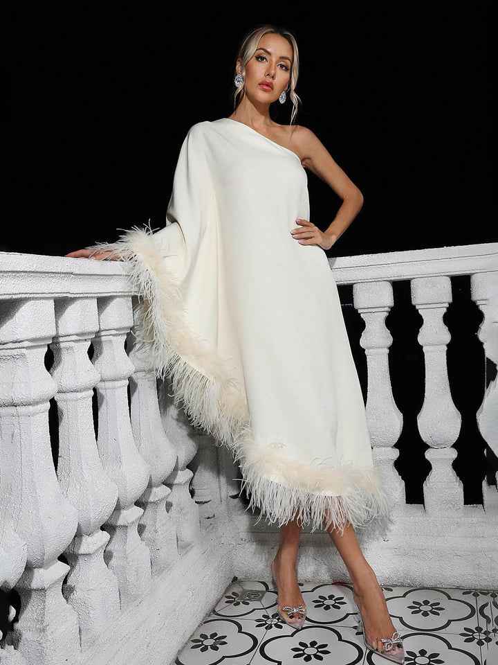 Ceridwen One Shoulder Feather Trimmed Maxi Dress In White - Mew Mews Fashion