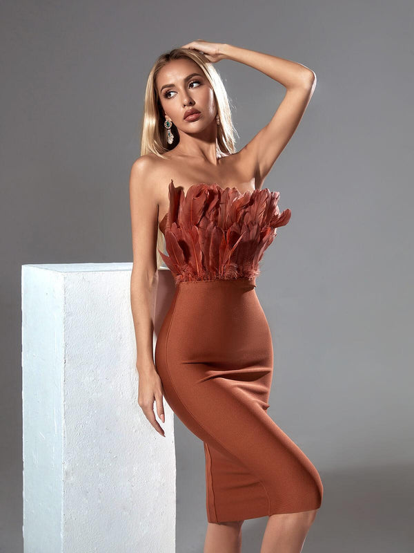 Darby Strapless Feather Bandage Dress In Brown - Mew Mews Fashion