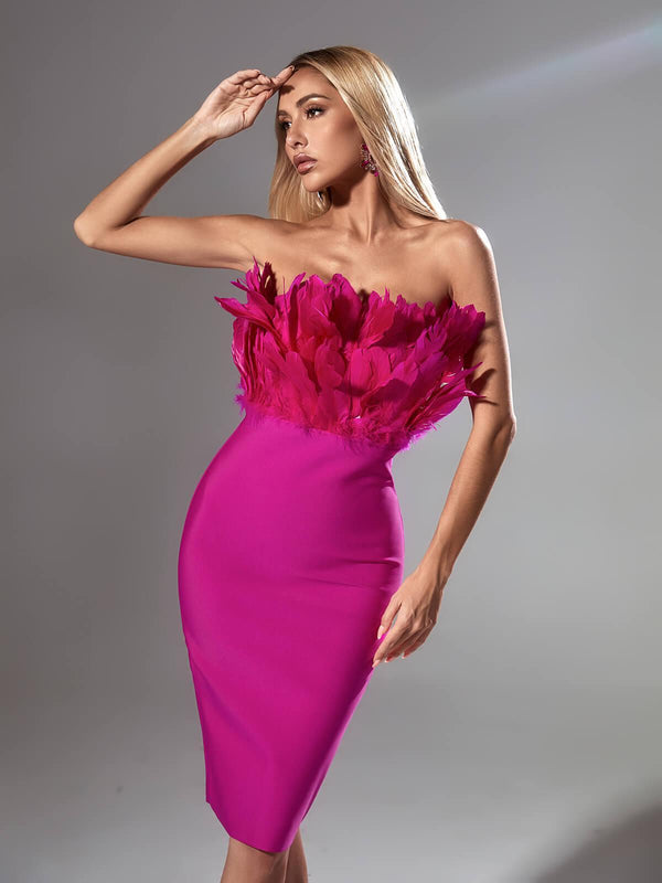 Darby Strapless Feather Bandage Dress In Hot Pink - Mew Mews Fashion