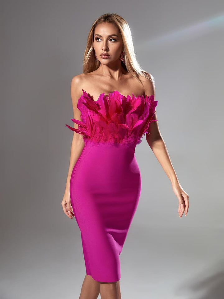 Darby Strapless Feather Bandage Dress In Hot Pink - Mew Mews Fashion