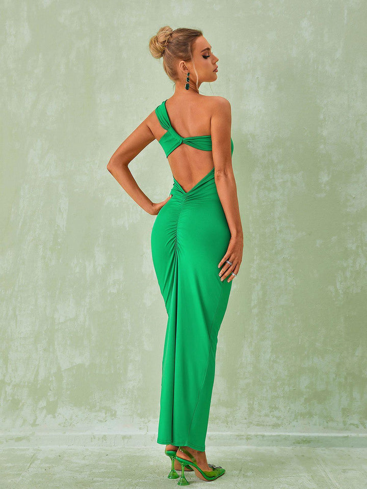 Emi One Shoulder Backless Maxi Dress In Green - Mew Mews Fashion