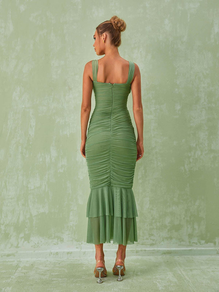 Eri Ruched Mesh Maxi Dress In Green - Mew Mews Fashion