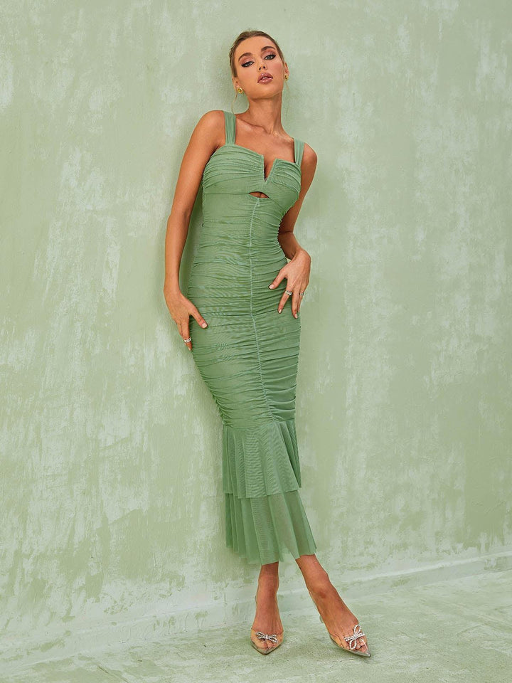 Eri Ruched Mesh Maxi Dress In Green - Mew Mews Fashion