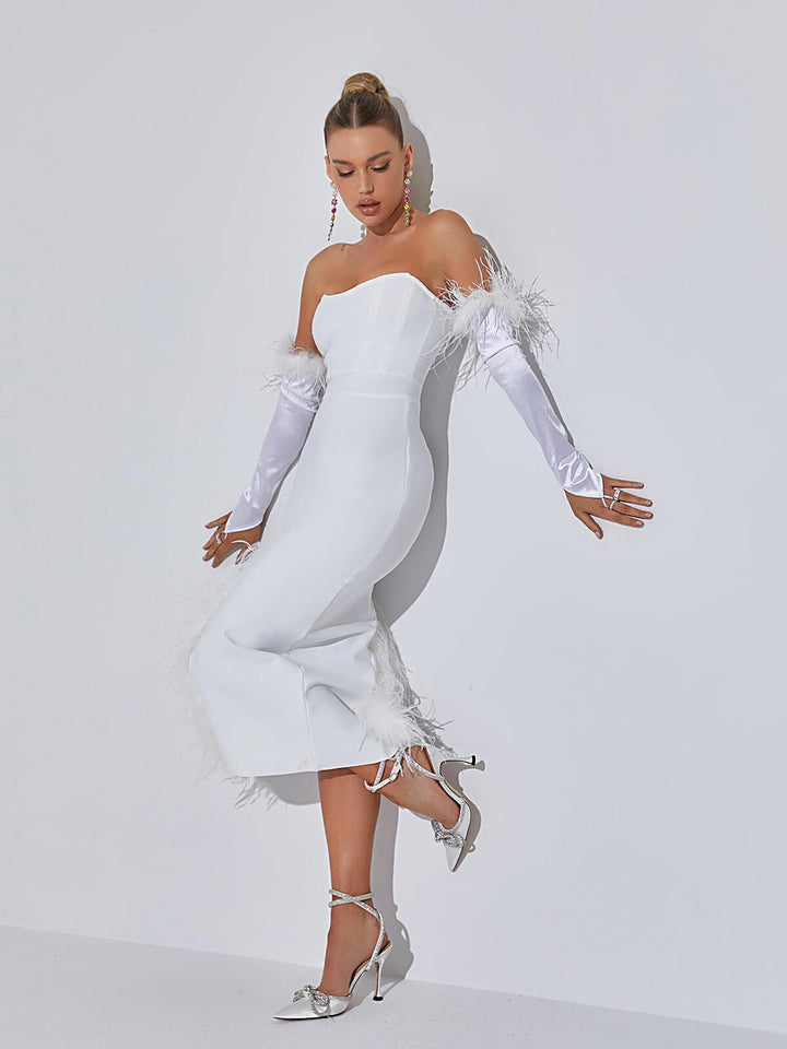 Esperanza Strapless Feather Bandage Dress In White - Mew Mews Fashion
