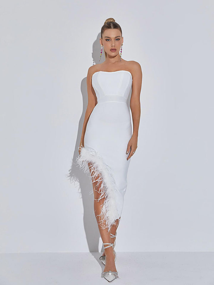 Esperanza Strapless Feather Bandage Dress In White - Mew Mews Fashion