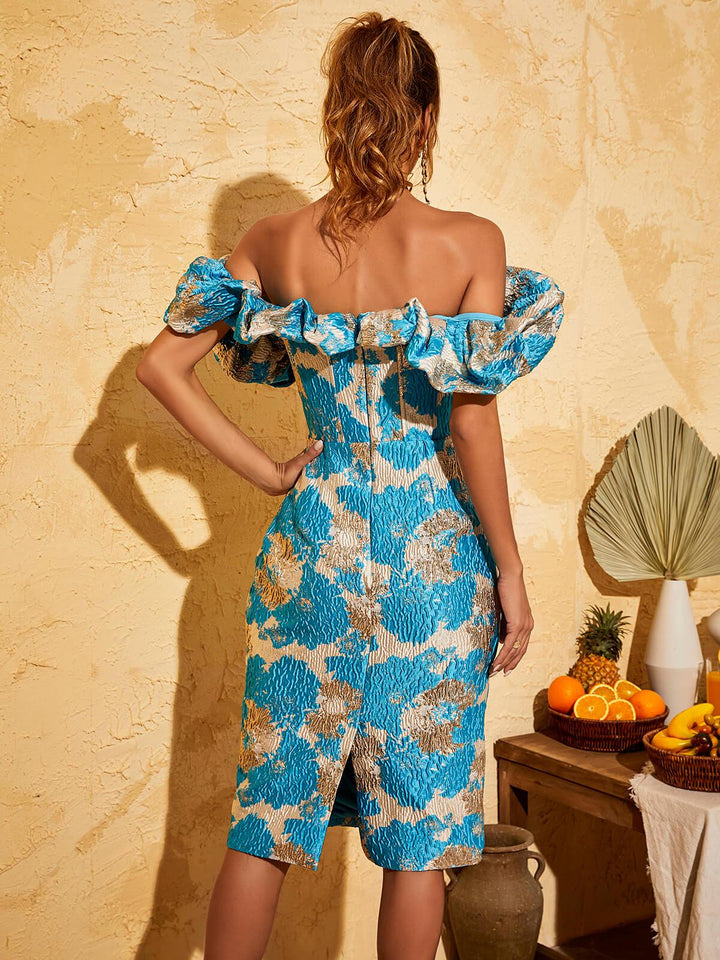 Giselle Jacquard Off Shoulder Midi Dress In Blue - Mew Mews Fashion