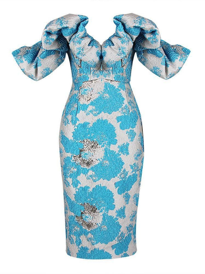 Giselle Jacquard Off Shoulder Midi Dress In Blue - Mew Mews Fashion