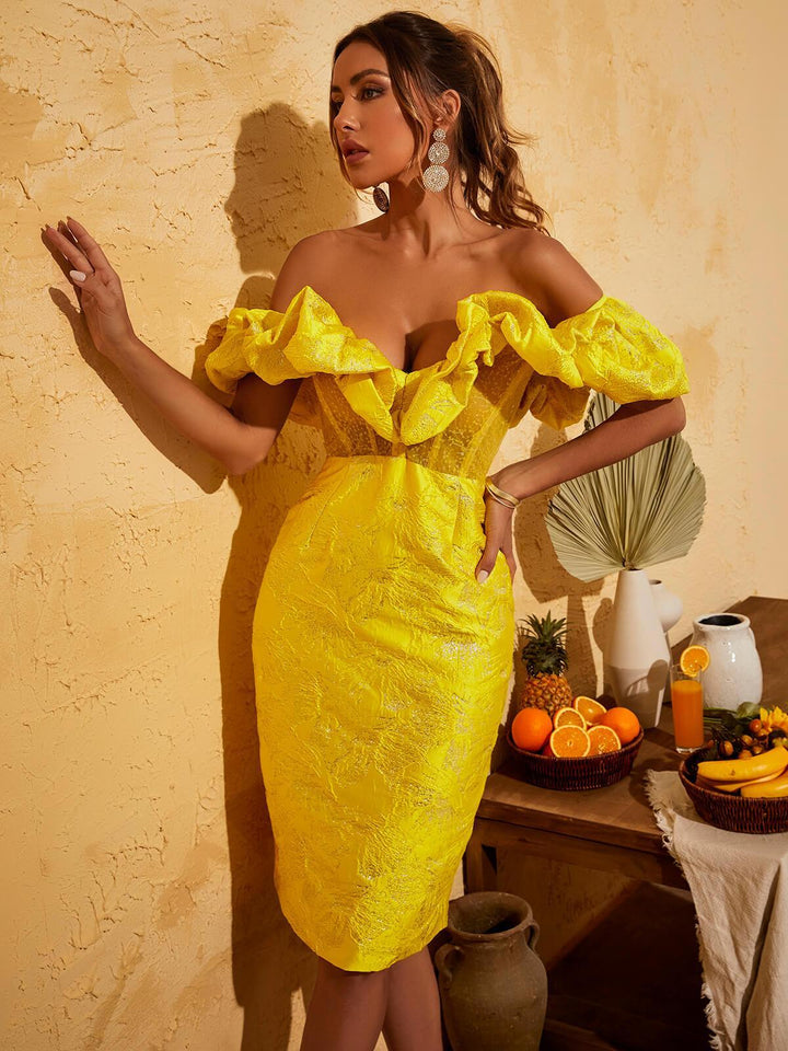 Giselle Jacquard Off Shoulder Midi Dress In Yellow - Mew Mews Fashion