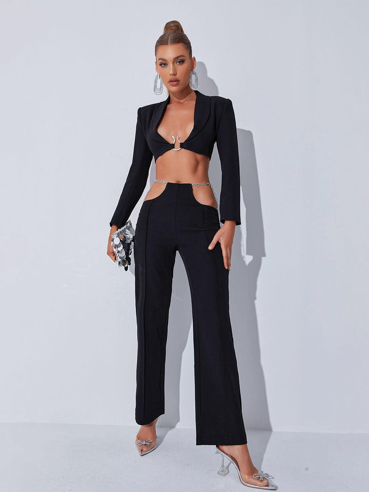 Gwyneth Plunge Chain Cutout Blazer Set In Black - Mew Mews Fashion