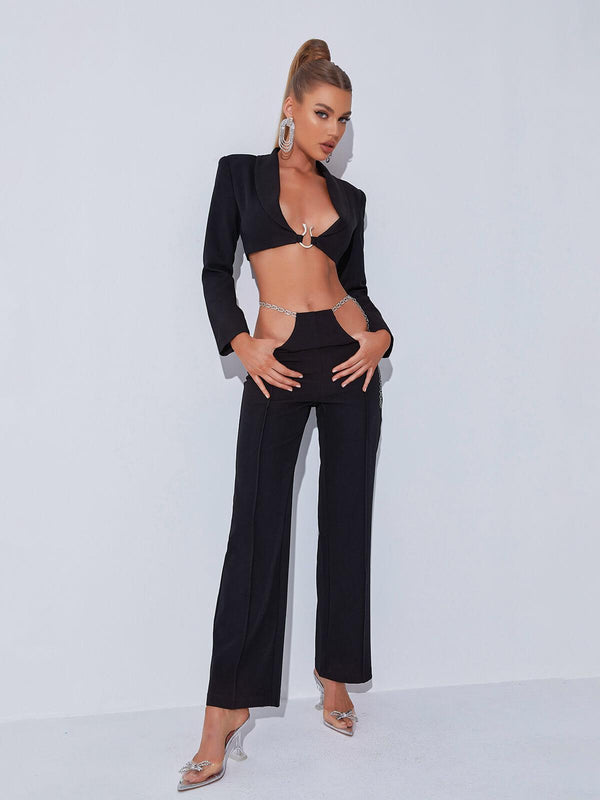 Gwyneth Plunge Chain Cutout Blazer Set In Black - Mew Mews Fashion