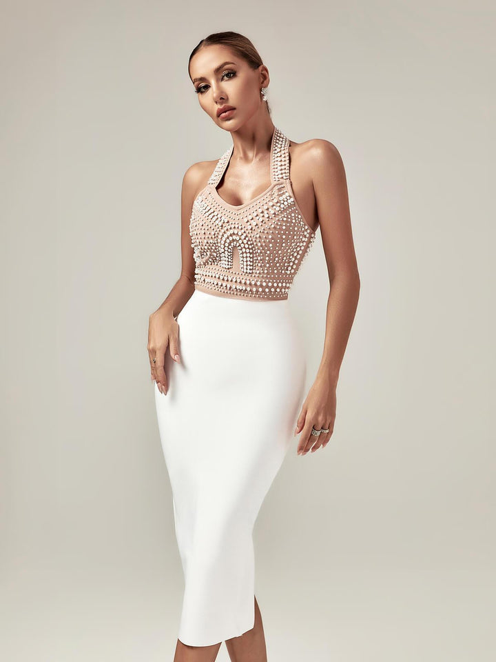 Isabella Halterneck Pearls Bandage Dress In Beige - Mew Mews Fashion