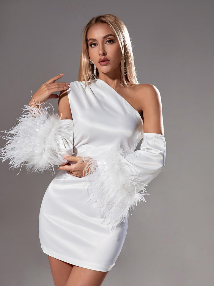 Klara Satin Feather Trimmed Mini Dress In White - Mew Mews Fashion