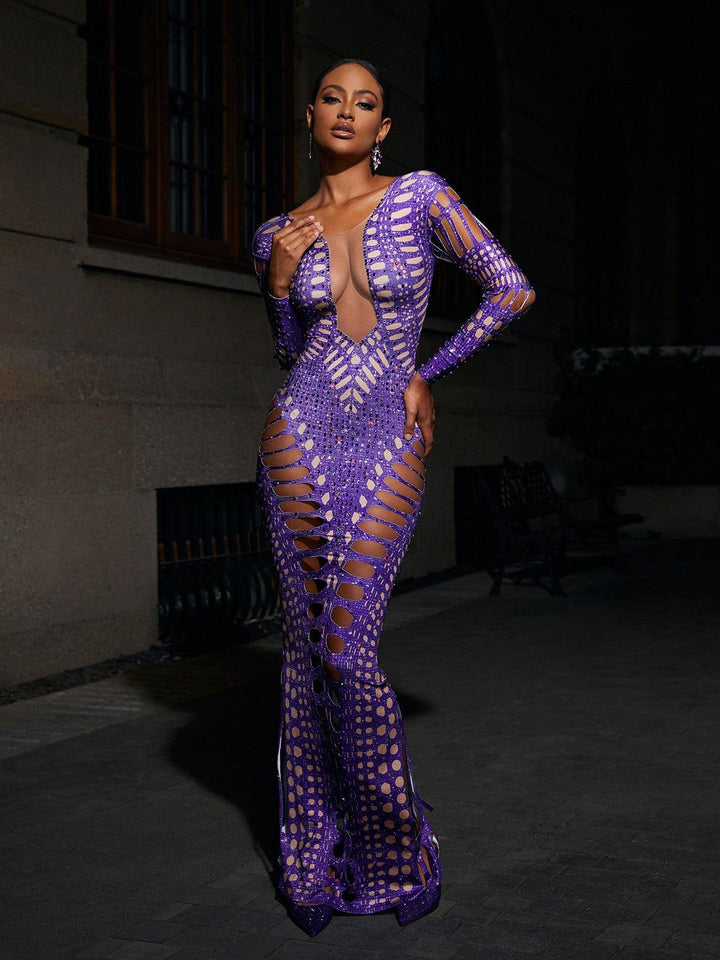 Leocadia Rhinestone Cutout Maxi Dress - Mew Mews Fashion