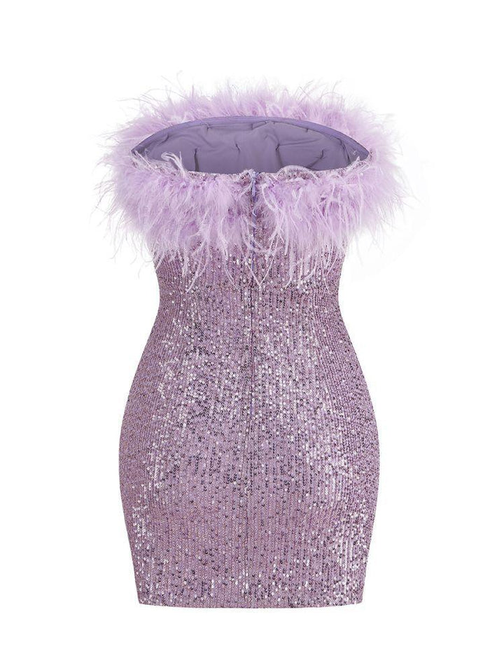Marin Strapless Feather Sequin Mini Dress In Violet - Mew Mews Fashion