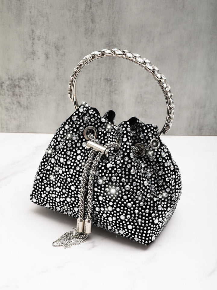 Mattea Crystal Embellished Bucket Bag In Black - Mew Mews Fashion