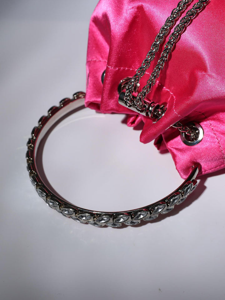 Mattea Satin Crystal Embellished Bucket Bag In Hot Pink - Mew Mews Fashion