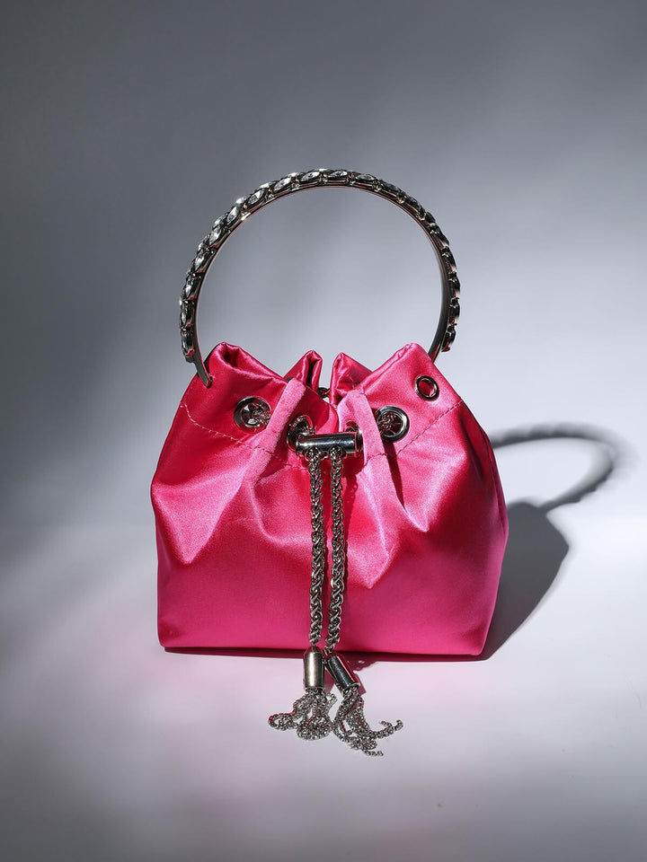 Mattea Satin Crystal Embellished Bucket Bag In Hot Pink - Mew Mews Fashion