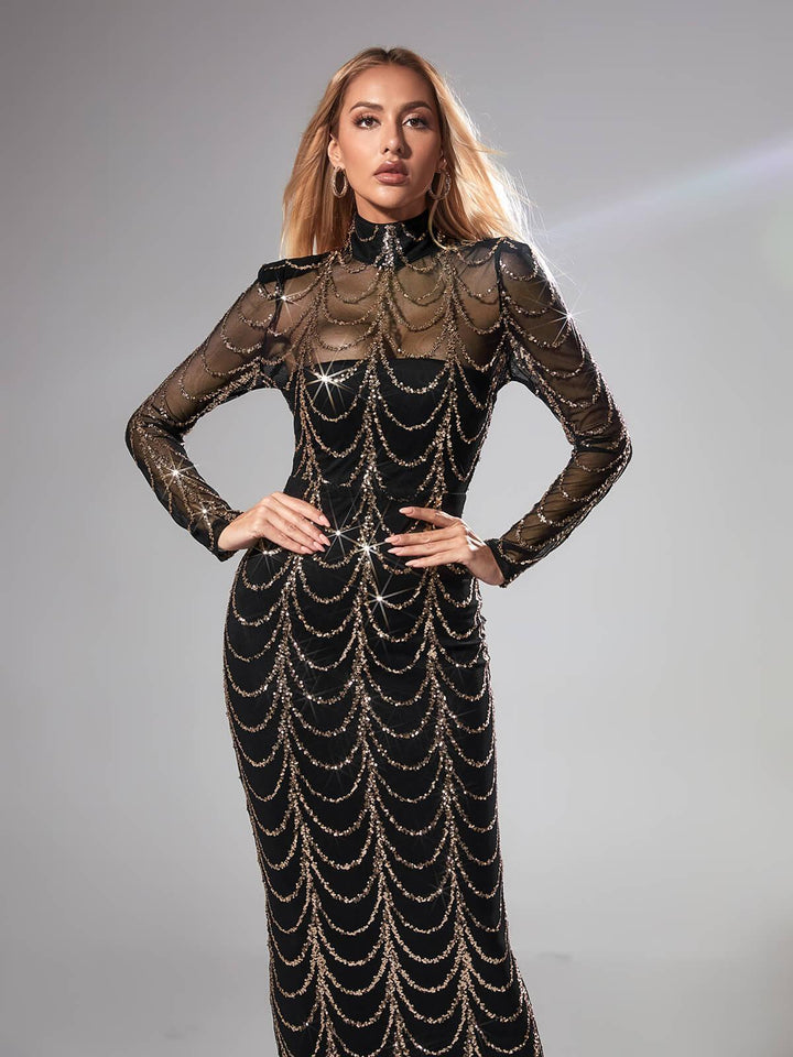 Melisande Long Sleeve Sequin Maxi Dress In Black - Mew Mews Fashion