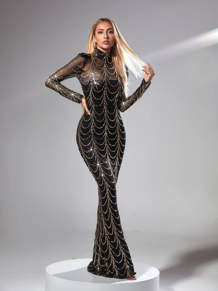 Melisande Long Sleeve Sequin Maxi Dress In Black - Mew Mews Fashion