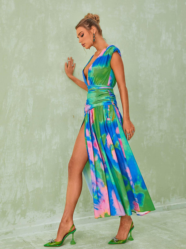 Monique Plunge Neck Split Printed Dress - Mew Mews Fashion