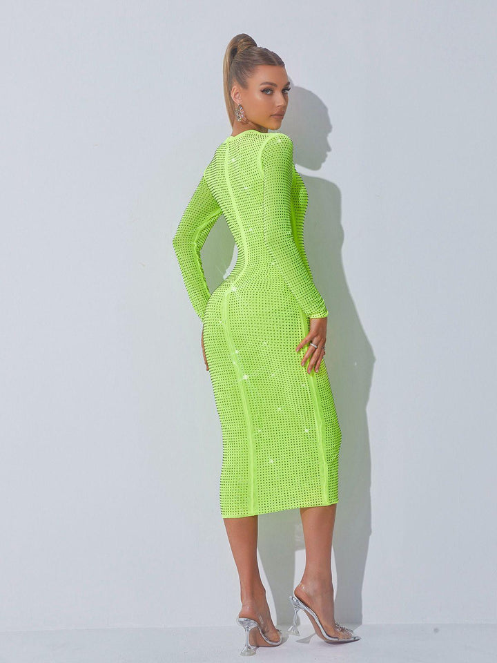 Neriah Crystal Embellished Midi Dress In Green - Mew Mews Fashion