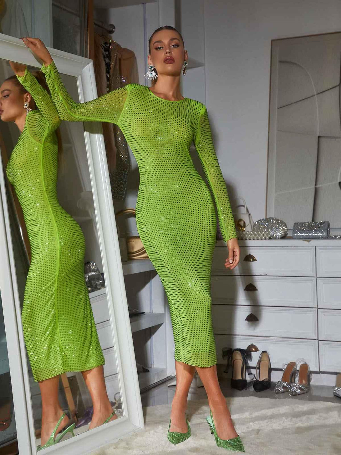 Neriah Long Sleeve Crystal Midi Dress In Green - Mew Mews Fashion