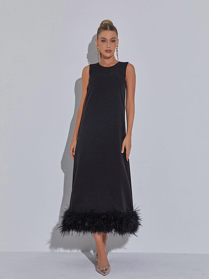 Nisha Feather Midi Dress In Black - Mew Mews Fashion