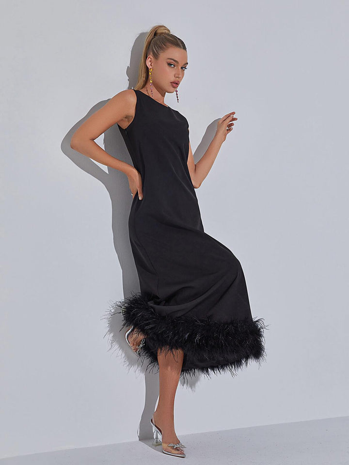 Nisha Feather Midi Dress In Black - Mew Mews Fashion